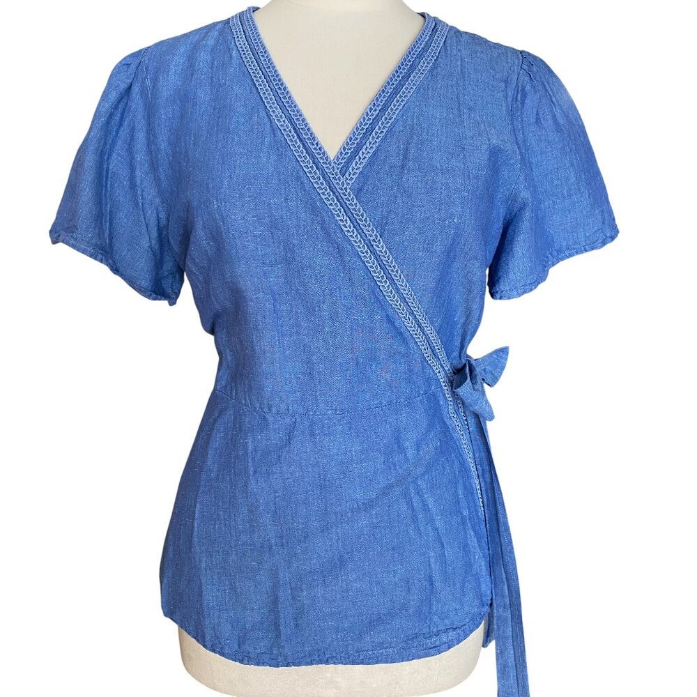Ann Taylor Linen Blend Embroidered Wrap Top Blue Chambray Coastal Cottage-14